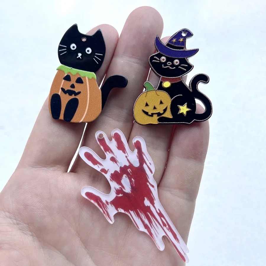 6pcs/lot Halloween Pumpkin Cat Red ghost Hand decorative pendant Scrapbook diy Earring necklace Holiday party decorative pendant