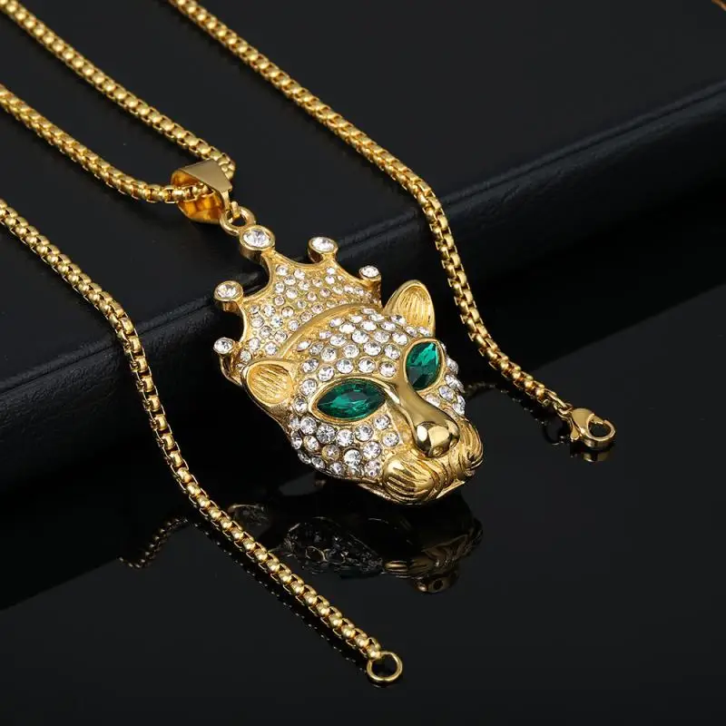

Featuring Leopard Heads with Green and Red Diamond Eyes Stainless Steel Necklace Couple Set for Men and Women