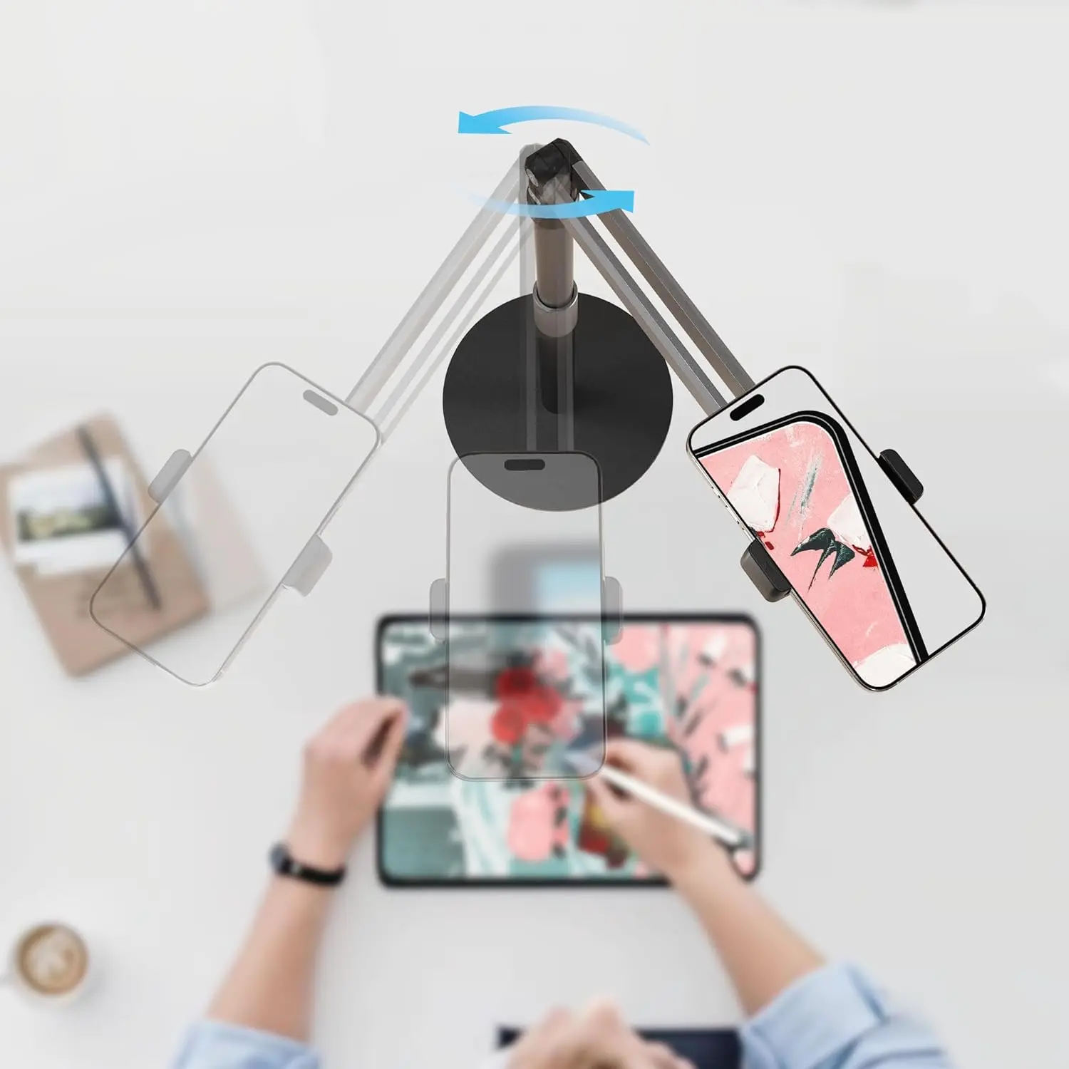 Adjustable Phone Stand for Overhead Recording, Flexible Arm for Video, Painting, Meeting - Desktop Mount