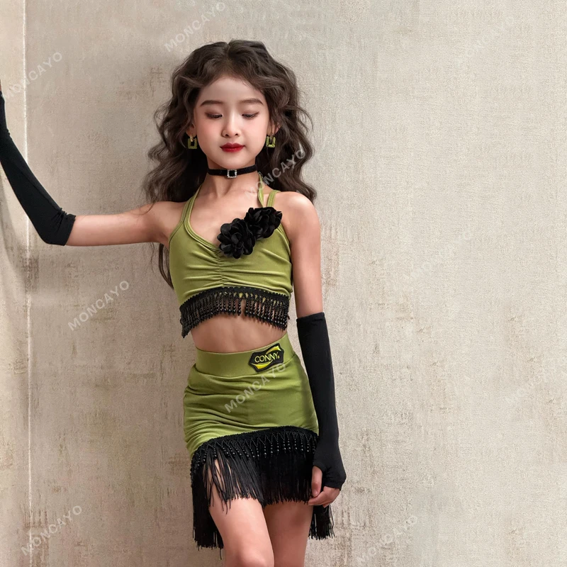 Tassel Rumba Samba Tango Salsa Latin Dance Dress Girls Ballroom Dance Dresses Child Fringe Dance Skirt Kids Latin Practice Dress