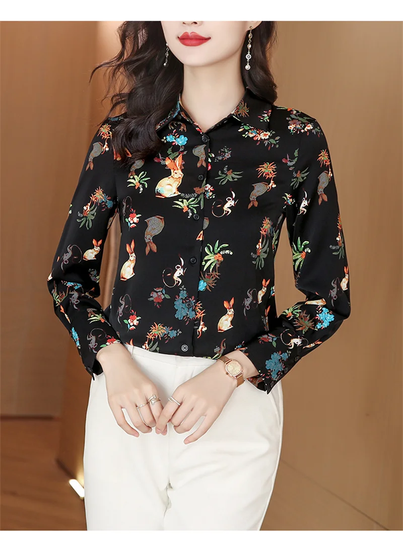 FANIECES blusas mujer Black Rabbit Print Blouse Shirts Women Long Sleeve Summer Autumn Lapel Button Casual Top Lady Shirts 6845