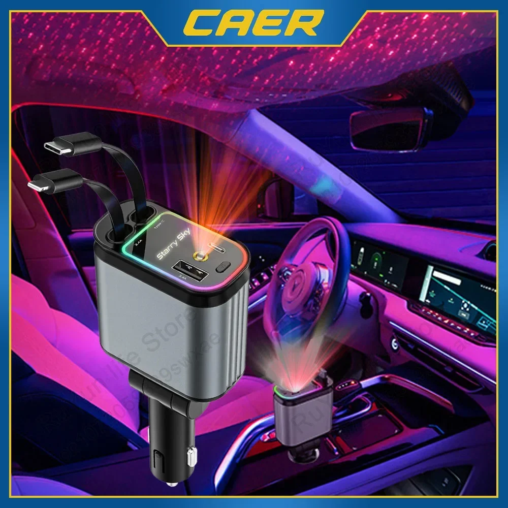 4 in 1 Retractable Car Charger with USB C Lightning Cable Starlight in Auto Roof Fast Charging for IPhone Samsung Phones