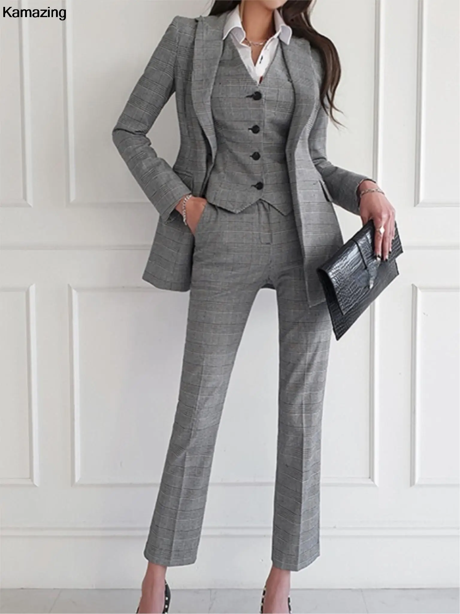 New Fashion Office Lady 3 Piece Blazer Suit Women Business Formal Outfits Vintage Notched Lapel Jackets Button Vest Pants Set