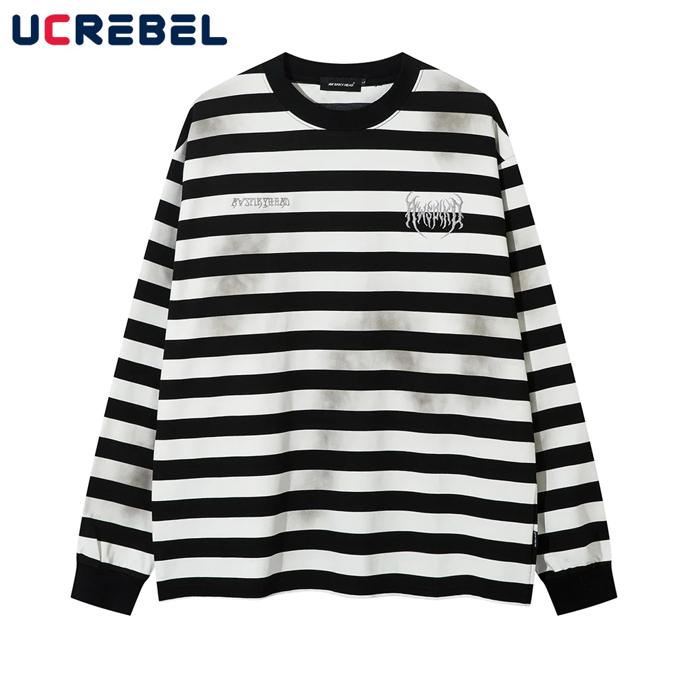 Letter Embroidery Striped T-shirt Mens Distressed Autumn High Street Long Sleeve Crew Neck Loose Cotton Tee Men