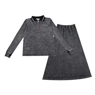 BARCALI Jugend-Set: Marineblauer und Schwarzer Pullover mit Maxirock, Langarm, Kontrastkragen und Reißverschluss, French Terry für den Winter – Detail 5