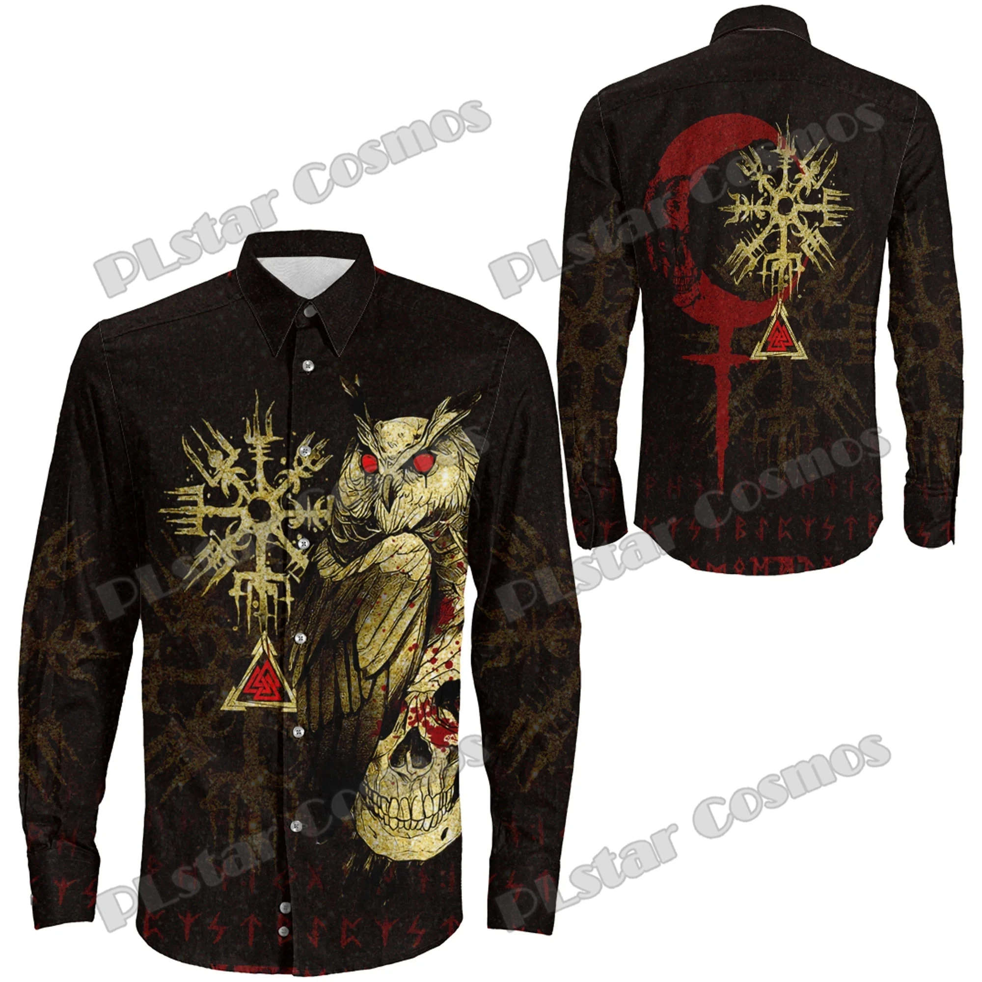 Owl Skull Blood Gold Style Tattoo 3D Printed Fashion Men's Long Sleeve Button Shirt Spring Mens Casual Lapel Shirt CXS58