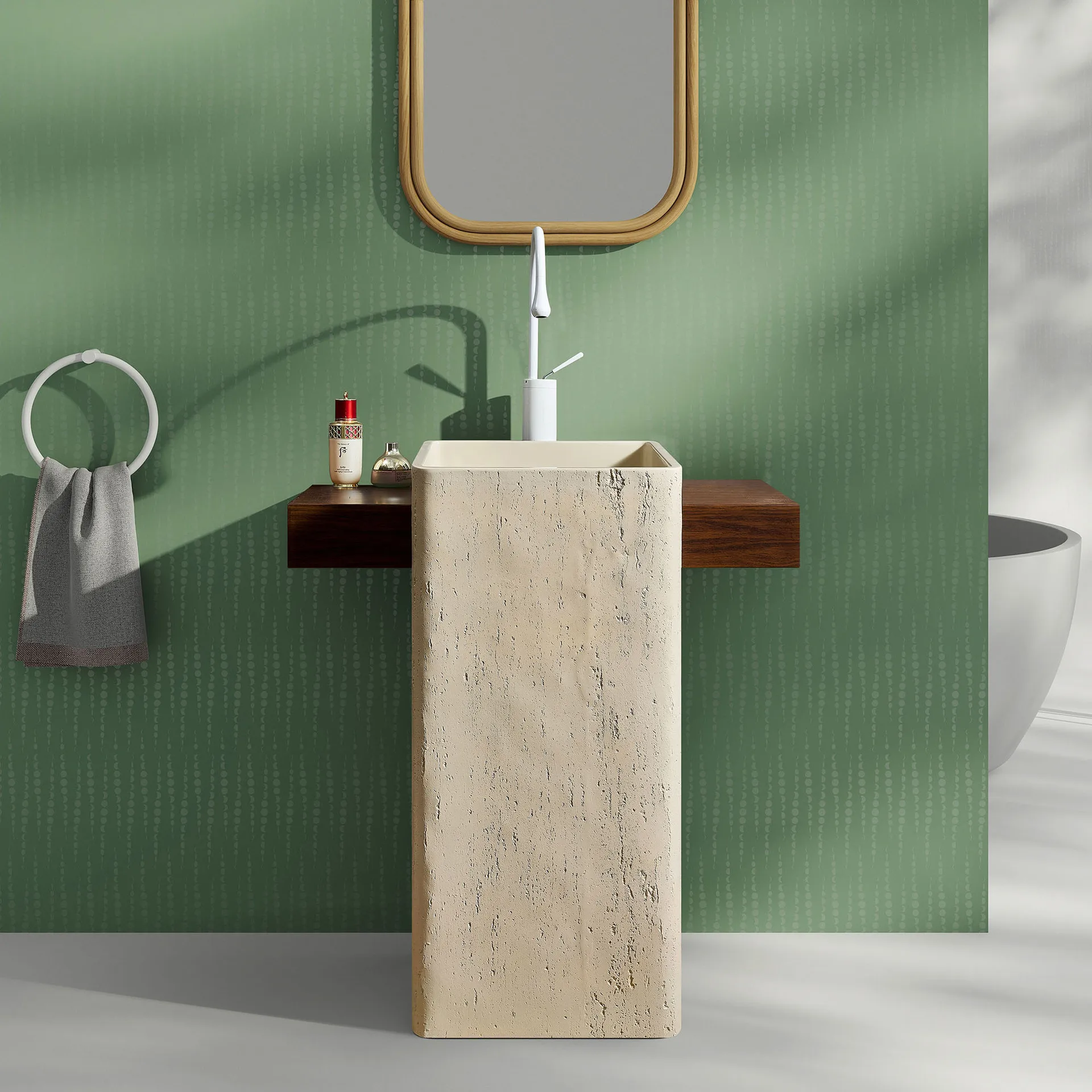 Wabi Sand Wind Beige Travertine Washbasin Hotel Homestay Pillar Basin with Countertop Household Outdoor Courtyard Washbasin