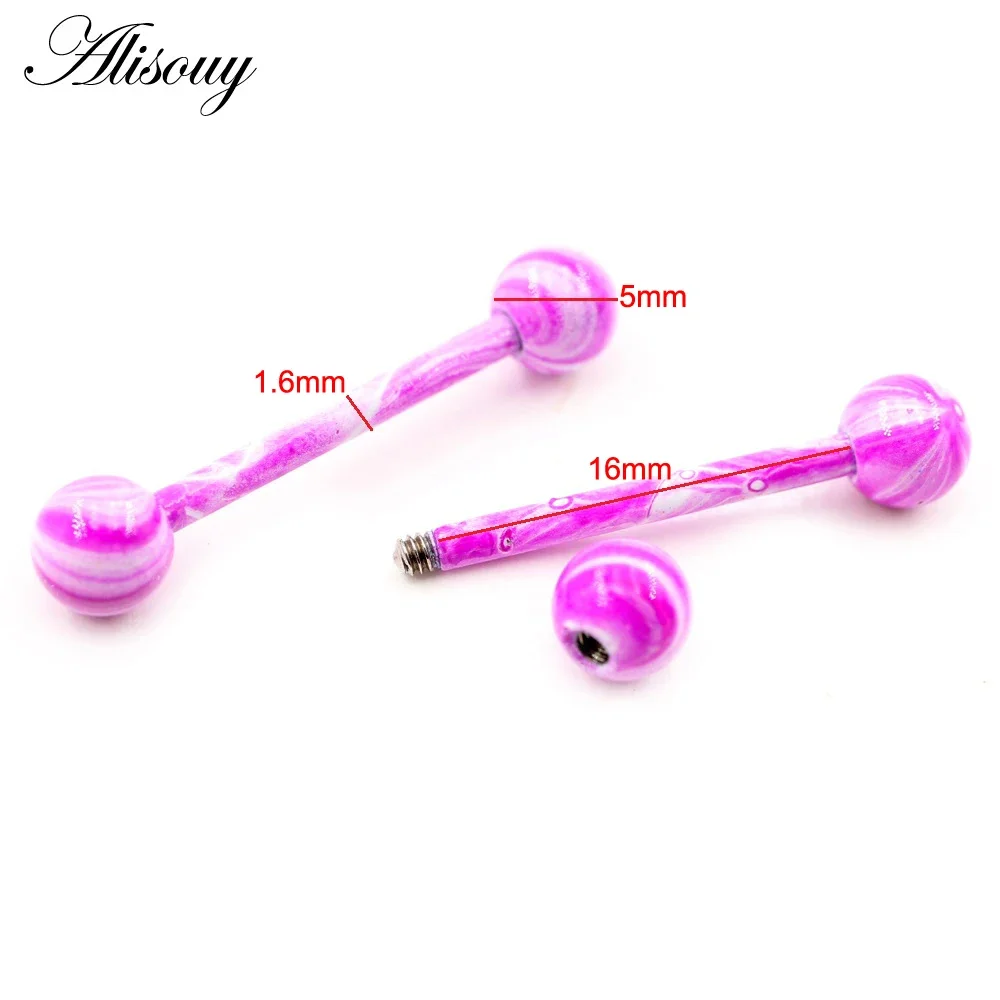 Alisouy 2PC 16mm Tounge Ring 14G Stainless Steel Tongue Rings Glitter Steel Ball Earring Body Piercing Jewelry for Women Men