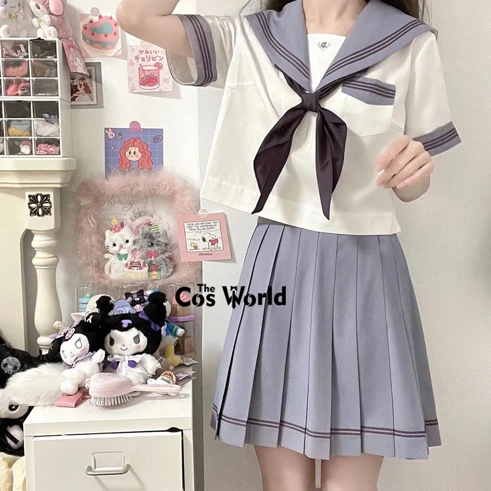 Japanese Purple Preppy Short Sleeve Summer Sailor Suit Tops Skirts Basic JK High School Uniform Class Students Cloth