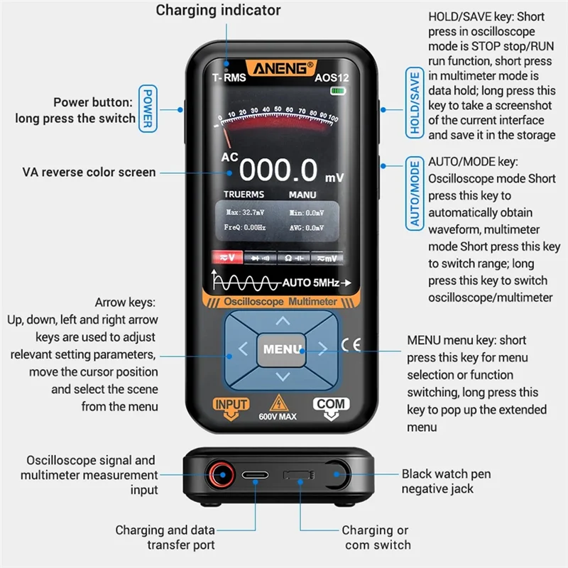 เครื่องทดสอบออสซิลโลสโคป AB34 5MHZ 48Msa/S ออสซิลโลสโคปแบบพกพาอเนกประสงค์สำหรับการทดสอบทางไฟฟ้า