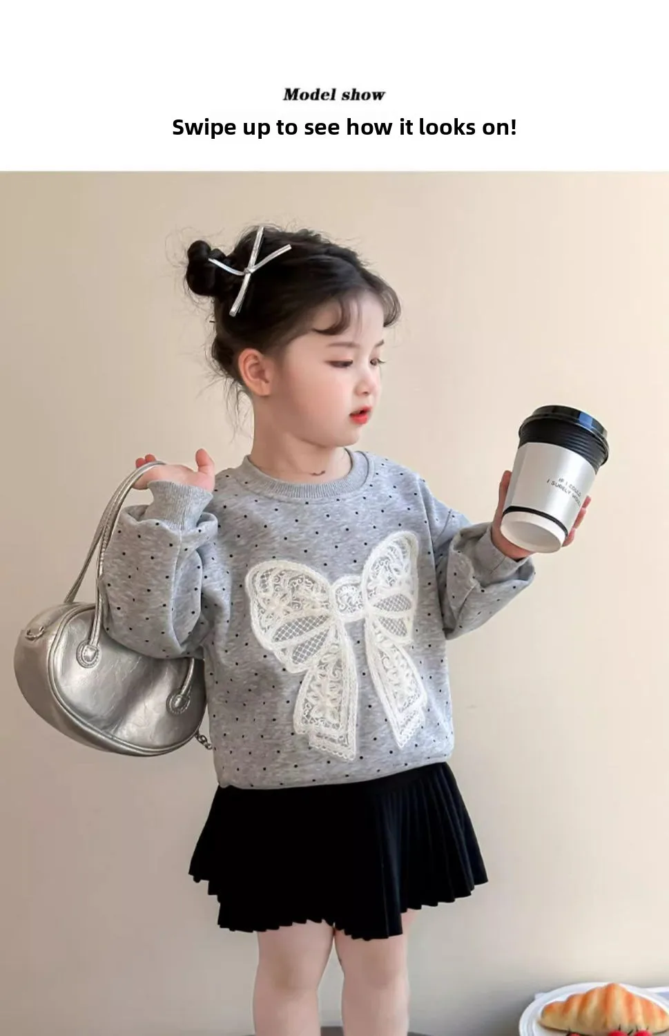 Kleinkind Mädchen Sweatshirt mit Großer Spitze und Schleife Lässiger Baumwoll-Pullover mit Punkten für Kleinkinder Rundhals Langarm Oberteil Kinderkleidung – Detail 6