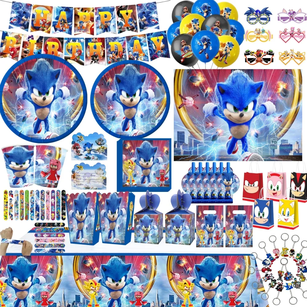 Decoración de Fiesta de Dibujos Animados Super So-niced, Vajilla de Dibujos Animados, Plato, Taza, Globo, Vasos, Llavero, Pulsera, Kit de Artículos para Fiestas de Cumpleaños Infantiles