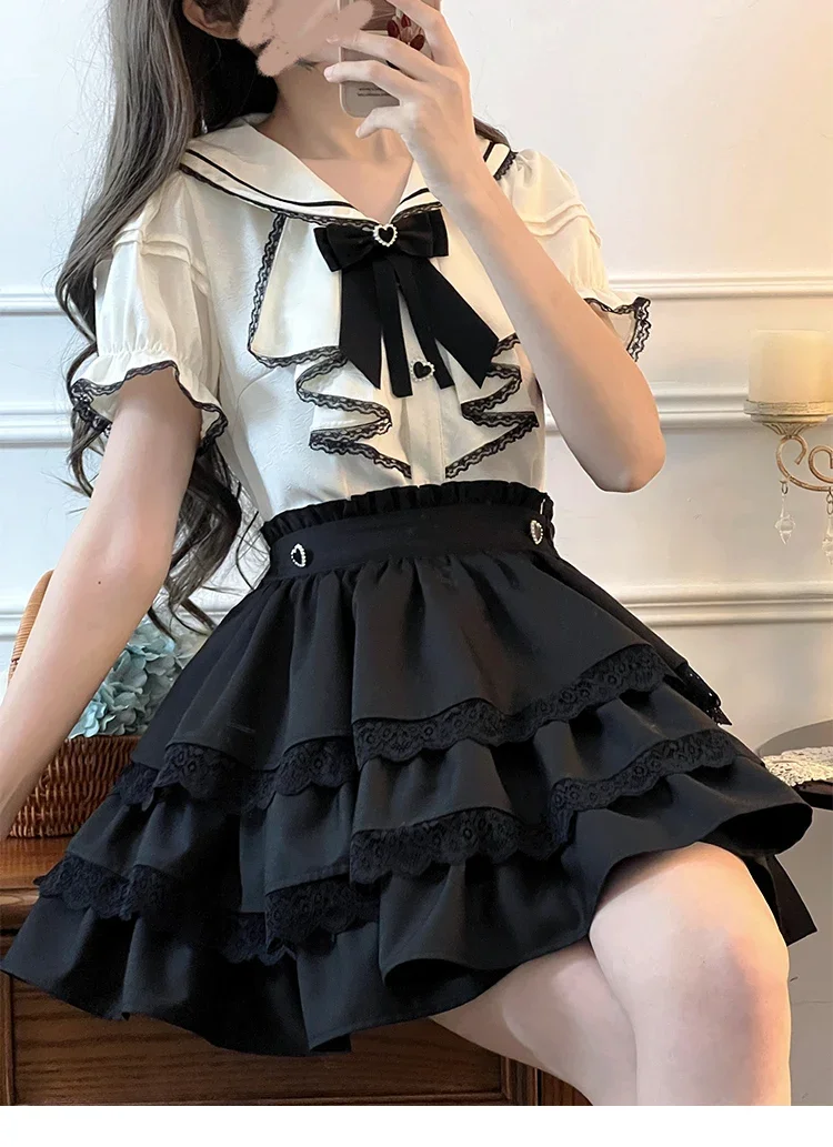 Japanese Short Sleeve White Top and Slimming High Waist Short Skirt Suit Women Outfits Original Mine Vintage Court Style Shirt