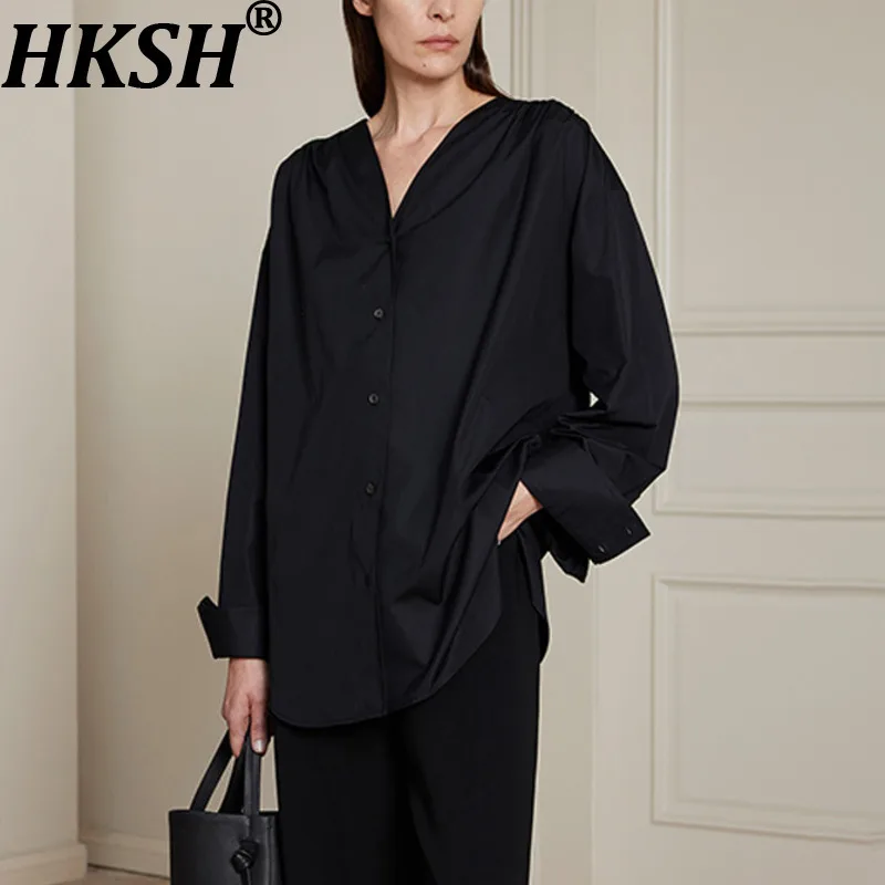 

HKSH Весенне-Осенняя новая женская рубашка с v-образным вырезом, однобортная плиссированная однотонная хлопковая рубашка в простом стиле, повседневный топ High Street HK11369