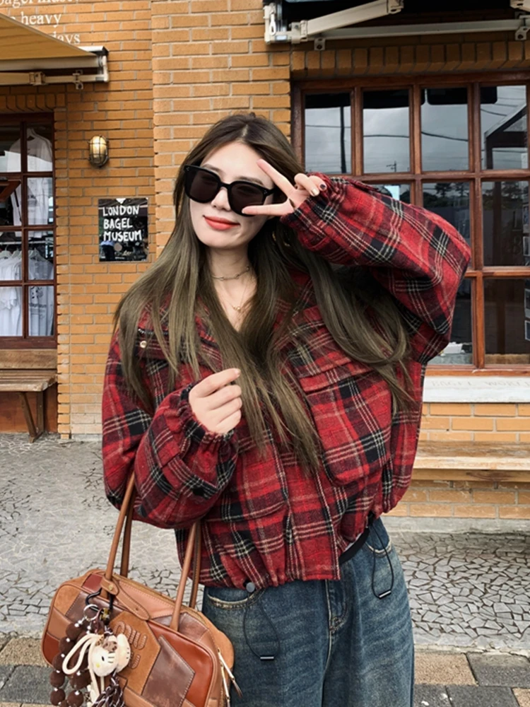 

Goha Fairy T Retro Art Cisas Red Plaid ort down Cotton Jaet Women's Winter Loose Thiened Outerwear Korean Sle
