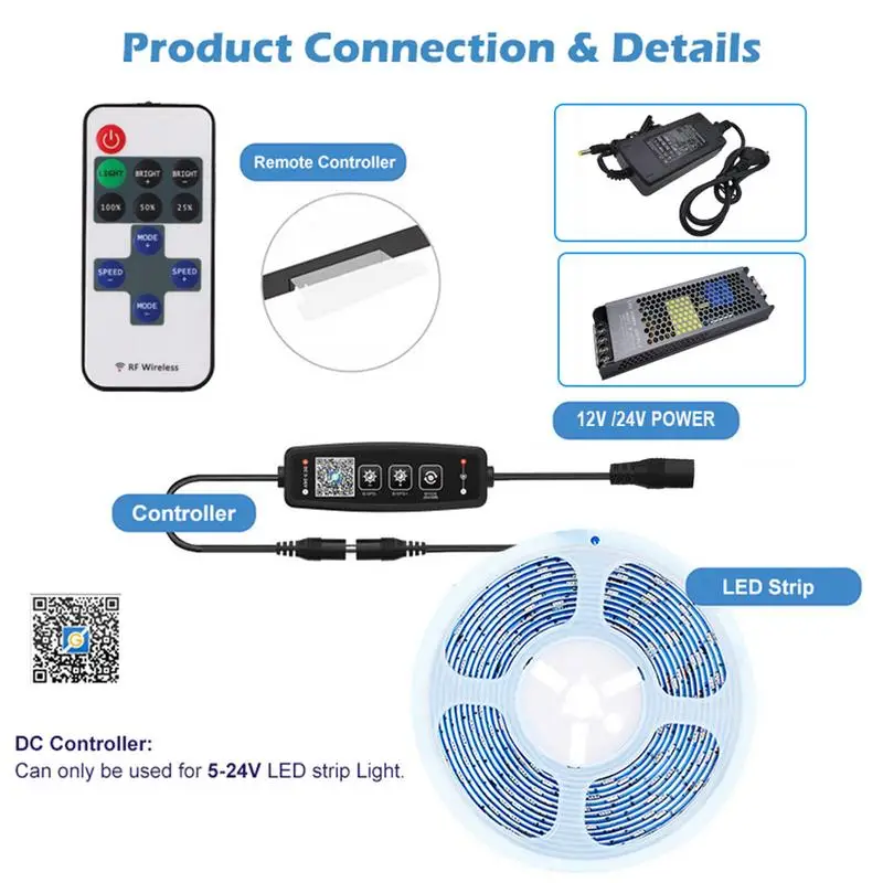 ポータブルLEDストリップコントローラー,ワイヤレスリモコン,調光器,多機能