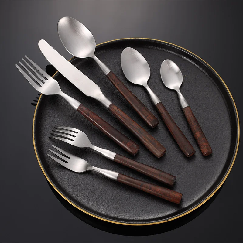 Upscale Frosted Cutlery with wooden Handles Stainless Steel Dinnerware Western Tableware Knife Fork Tea Spoon Silverware