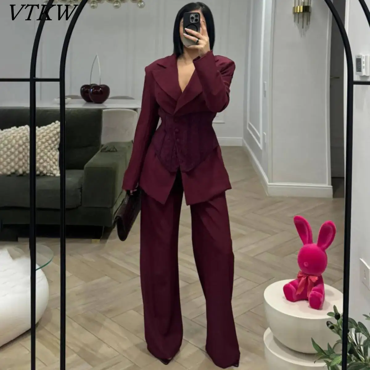 

VTKW 2026 New Women Fashion Corset Blazer Two Piece Set Lace Waist Wide Leg Pants Elegant Office Party Casual Street Outfit