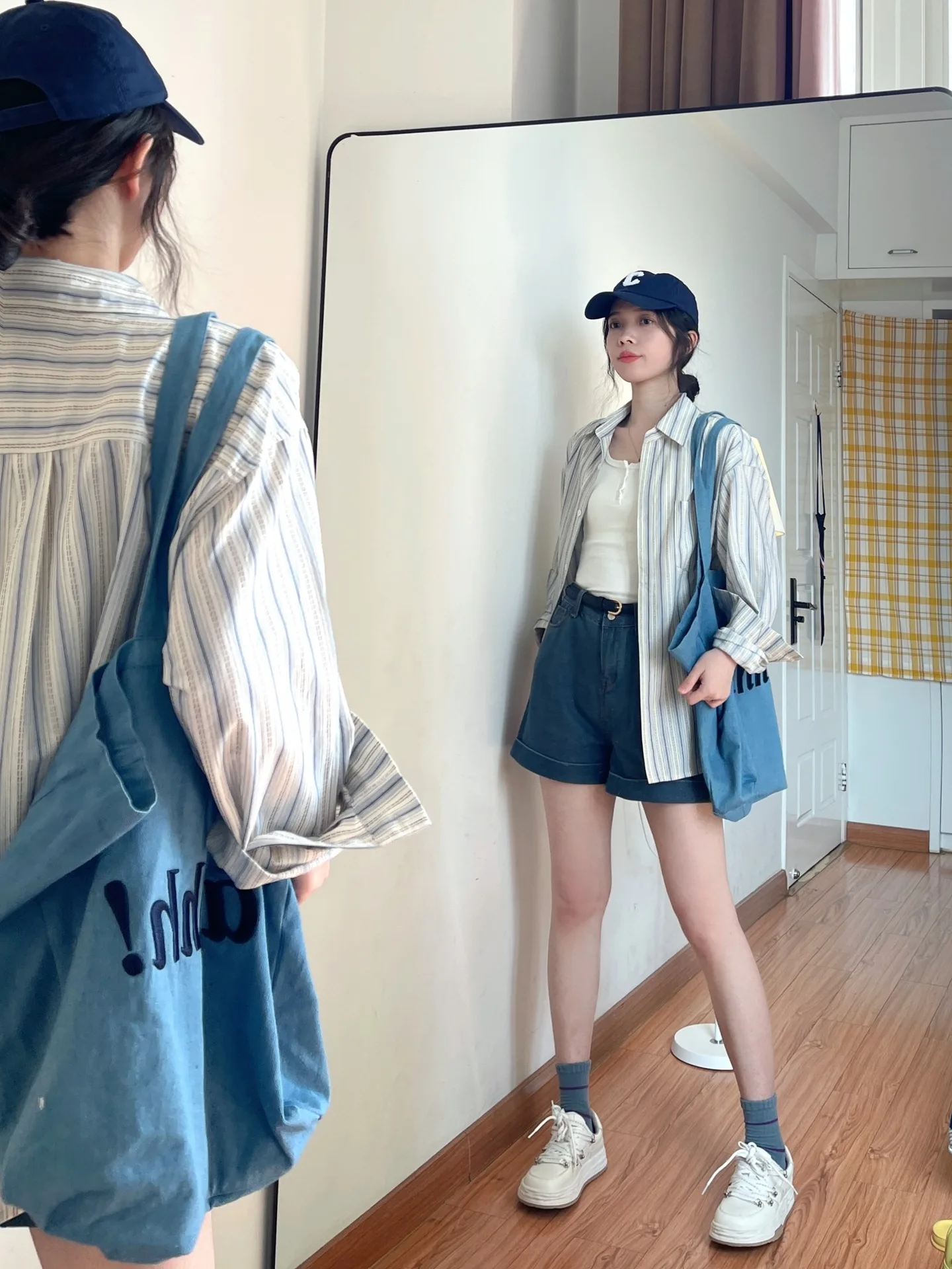 

Blue Striped Long Sve Women's irt Summer Sun Protection Outerwear Korean Sle Collar Button Detail Loose Fit