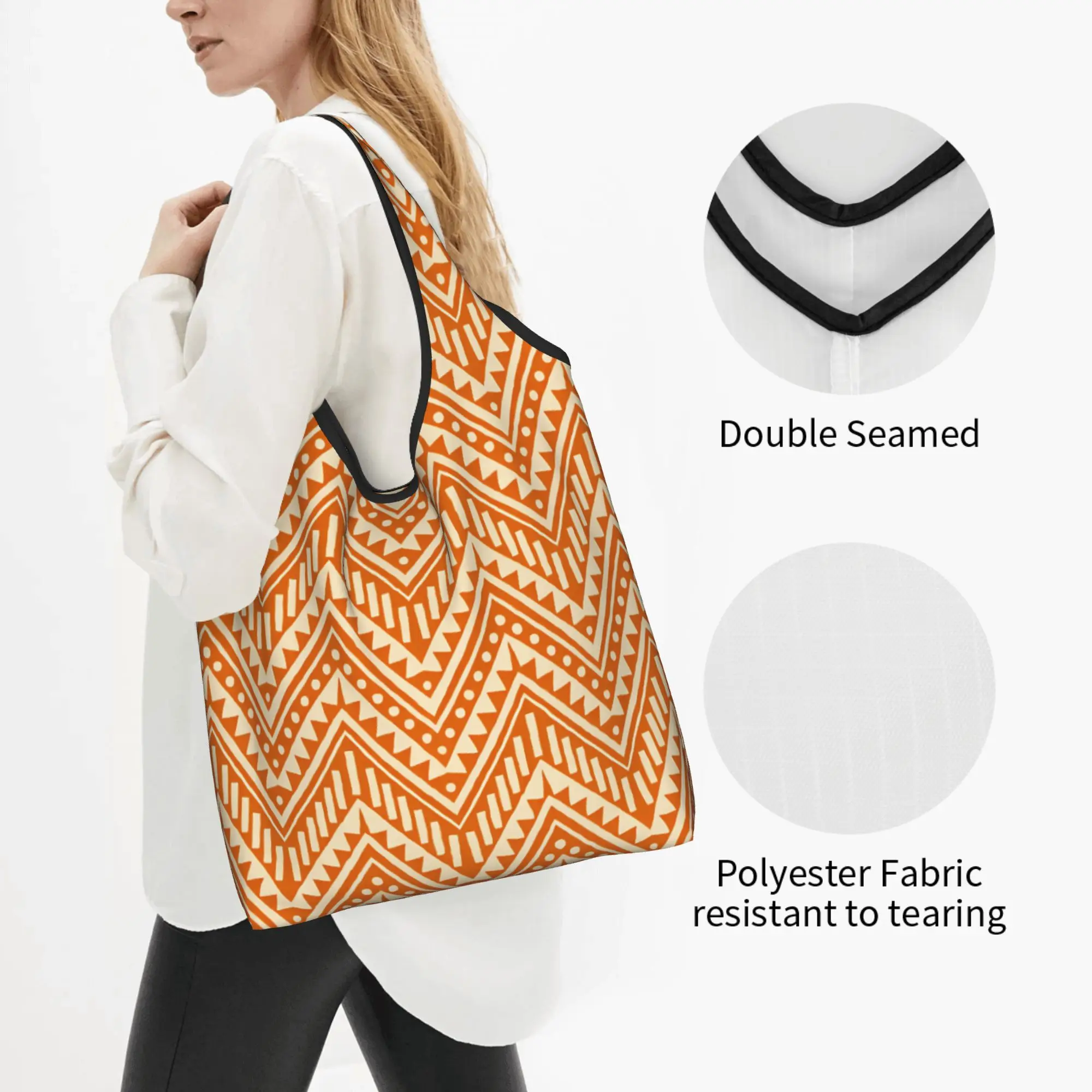 Recycling Boho Zig Zag Modern  Shopping Bag Women Tote Bag Portable Orange Geometric  Groceries Shopper Bags
