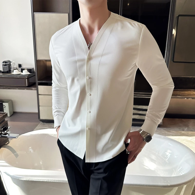 2023 New Seamless Men\'s Shirt Long Sleeve V-neck Casual Shirts Fashion Slim Fit Business Formal Dress Shirts Social Banquet Tops