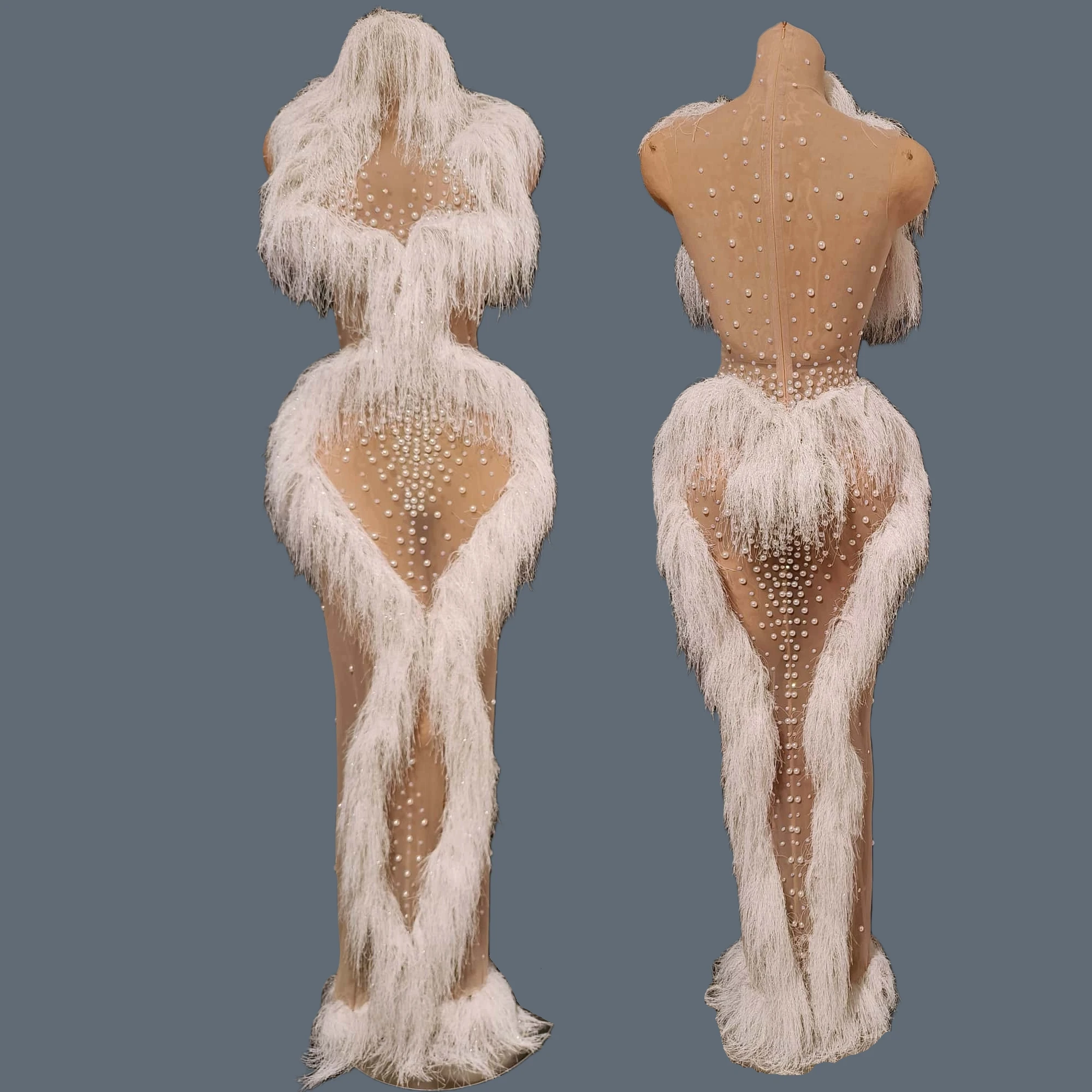 

Elegant Women White Plush Tight Fitting Long Dress Sexy See Through Mesh Pearls Fashion Show Outfit Party Evening Dress Shenling