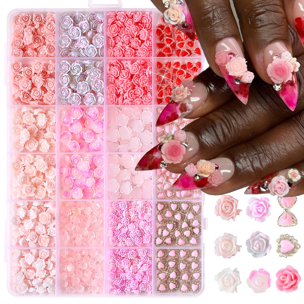 

12grids Gradient Pink White Roses Nail Rhinestones Cute Red Bow Heart Resin Nail Art Charms Multi-petaled Flowers Elegant Decora