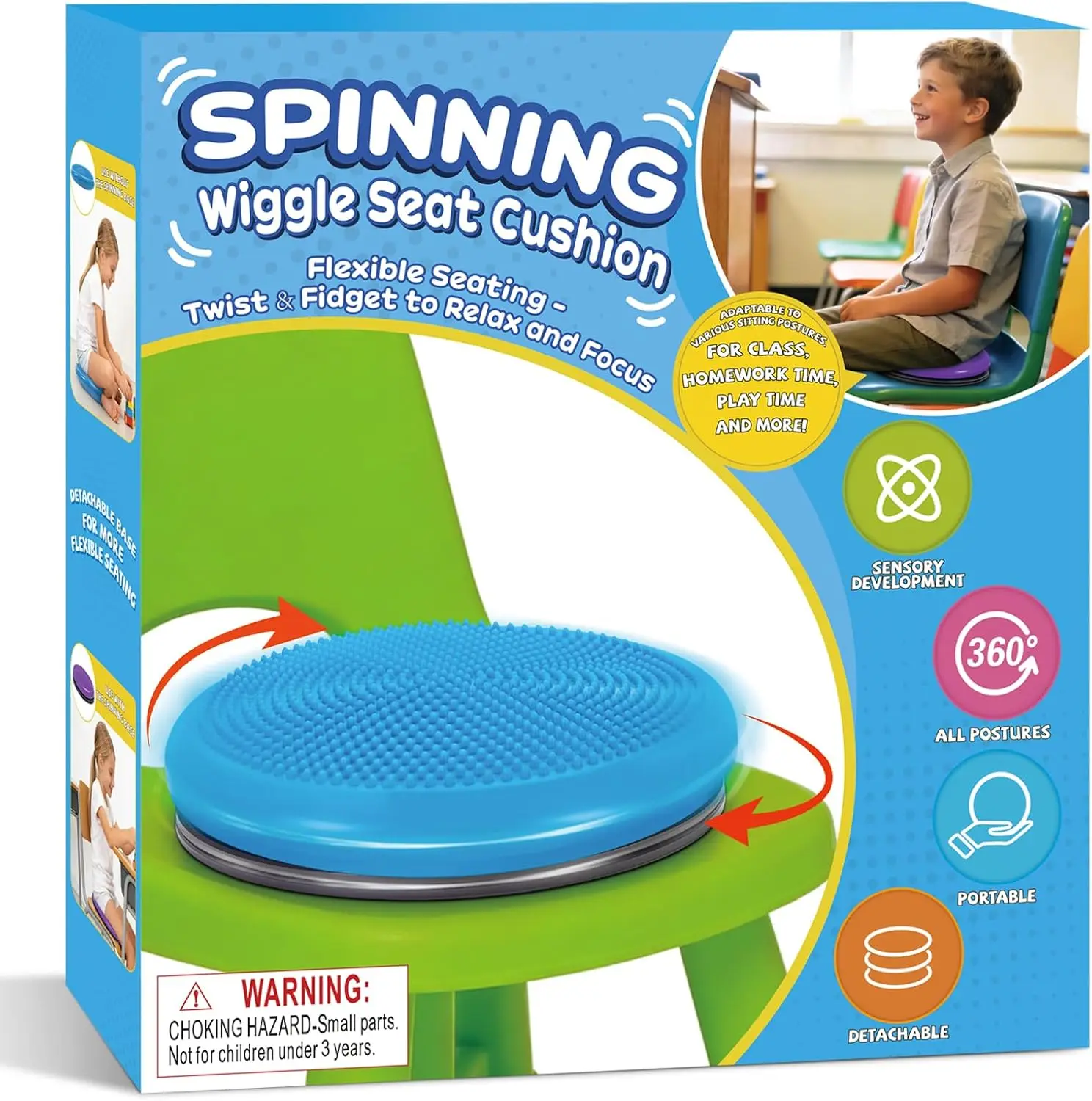 

2-in-1 Wiggle Seat Cushion, Inflatable Balance Disc for Kids with ADHD, Sensory Spinning Chair for Classroom & Home Use - Blue