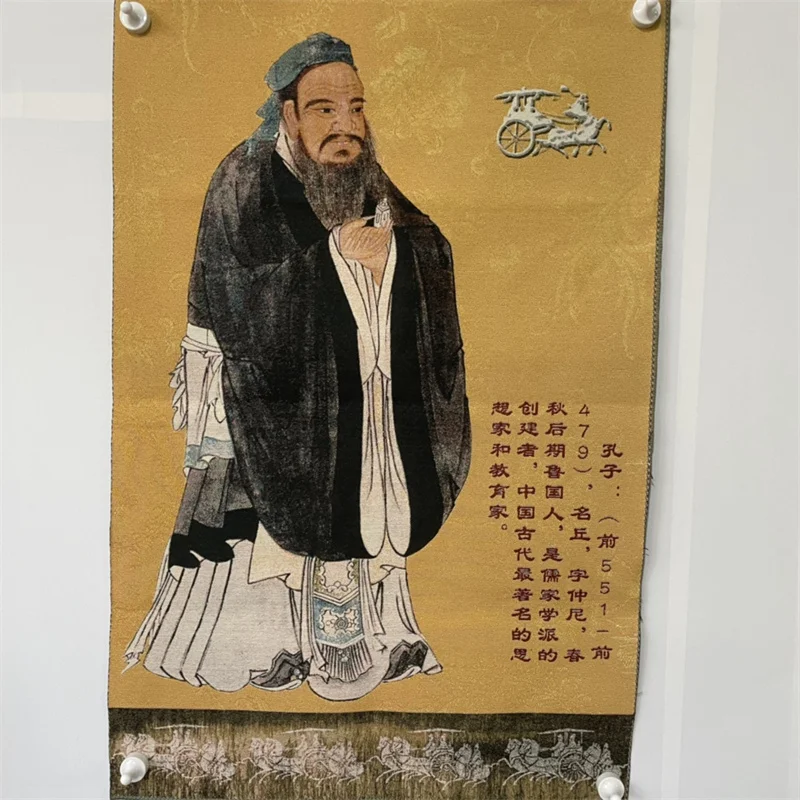 Chinese Antique Silk Brocade Tangka Painting Embroidery Wall Art Confucius Statue Buddhist Style Home Decor