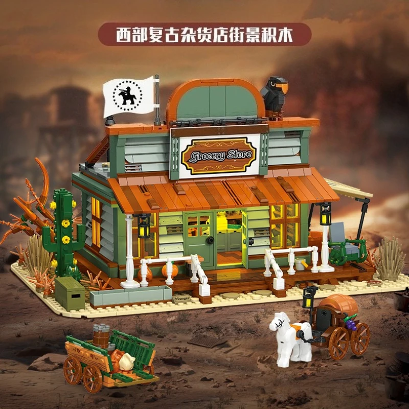 Medieval Western Cowboy Grocery Store Building Blocks Set Educational Assembly Model Toy for Children Shop Theme Gift