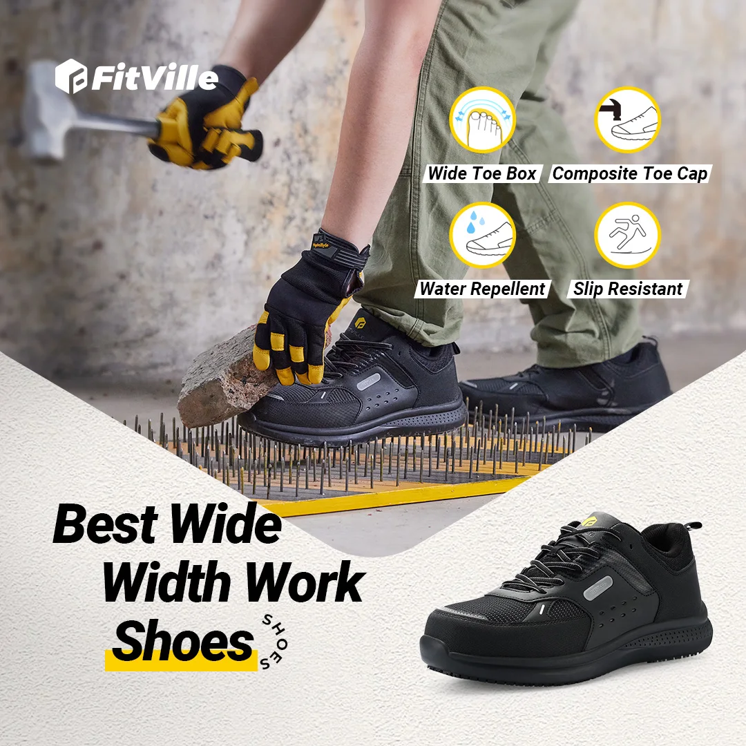 

Fittington Wide Steel Toe Shoes For Man Composite Toe Work Shoes Water Resistant Men's Shoes Slip Resistant Leather Soft Shoe