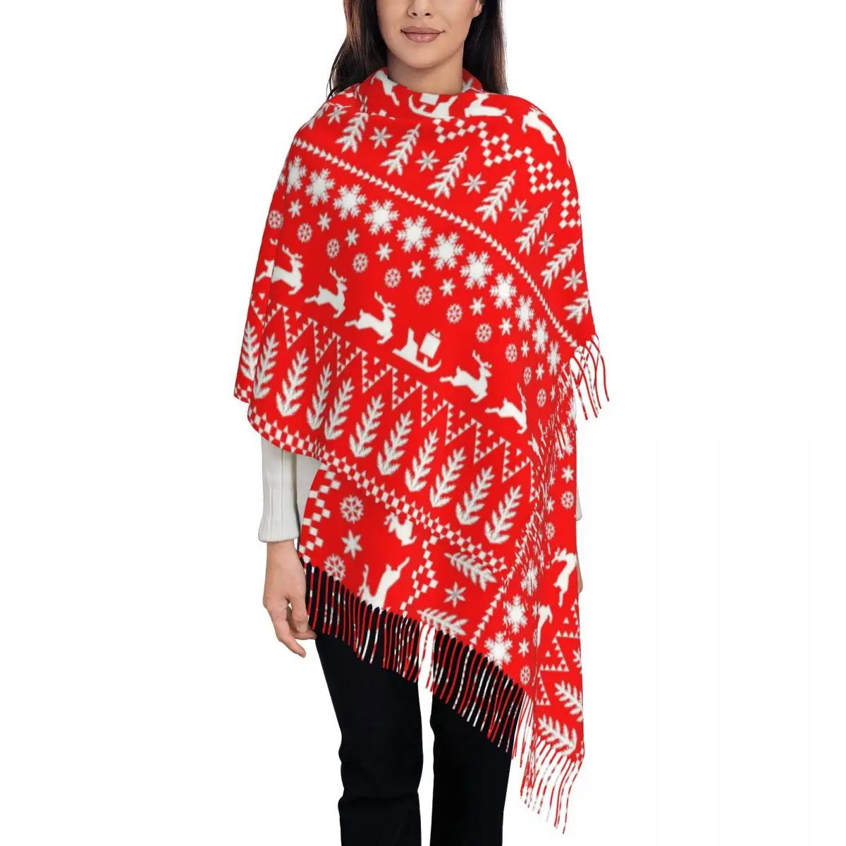 Red Christmas Reindeer Snowflake Deer Scarf for Womens Winter Fall Shawls and Wrap Single-sided Pattern Shawl Scarf Daily Wear