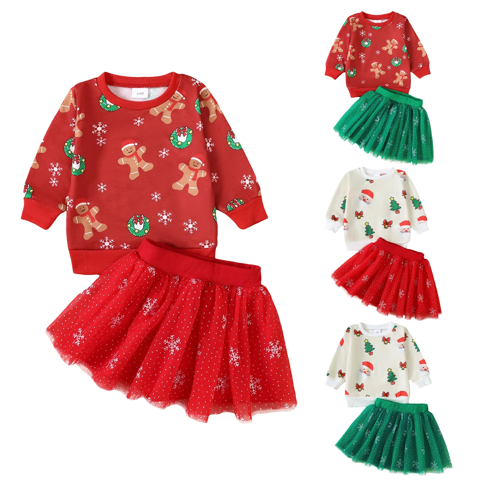 

Toddler Baby Girl Christmas Outfit Christmas Tree Santa Print Long Sleeve Sweatshirt and Snowflake Mesh Skirt 2 Pcs Set