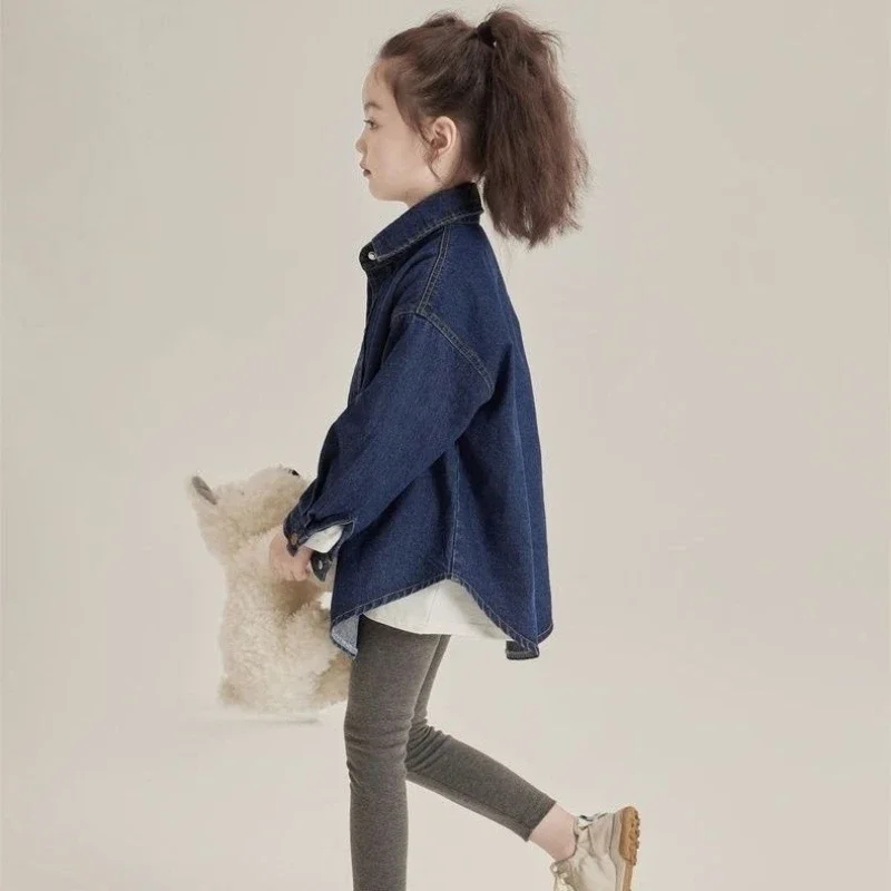 Kids Girls Denim Bouse Shirts 2024 New Fahsion Teenage Girls Casual Loose Shirts Autumn Jean Cotton Cardigan Korean Style Tops
