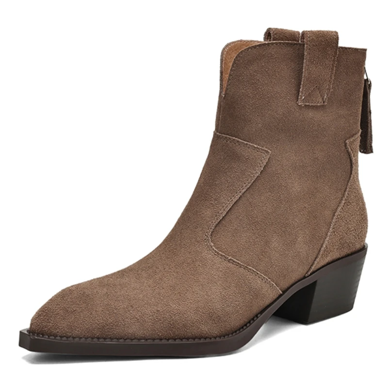 Natural Suede Women's Western Boots Winter Black Brown Khaki Ladies Point Toe Ankle Boots Fashion Patchwork Back Zipper Boots