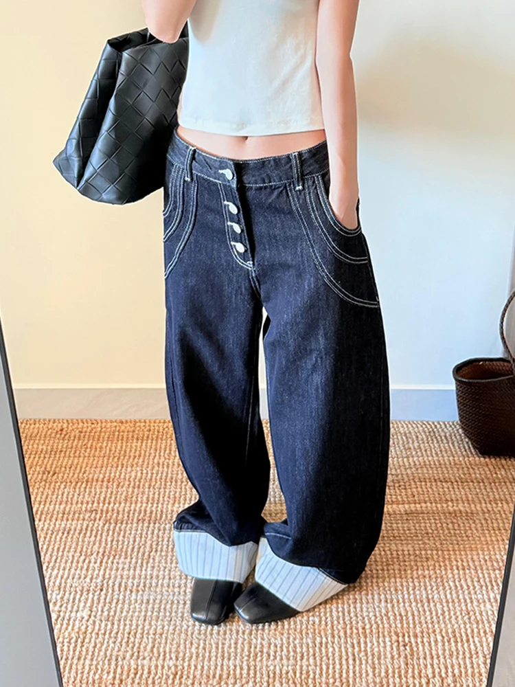 

American High Street Design Color Blo Jeans Women's Sexy Loose Straight Leg Floor-Length Pants High Waist Vintage Sle