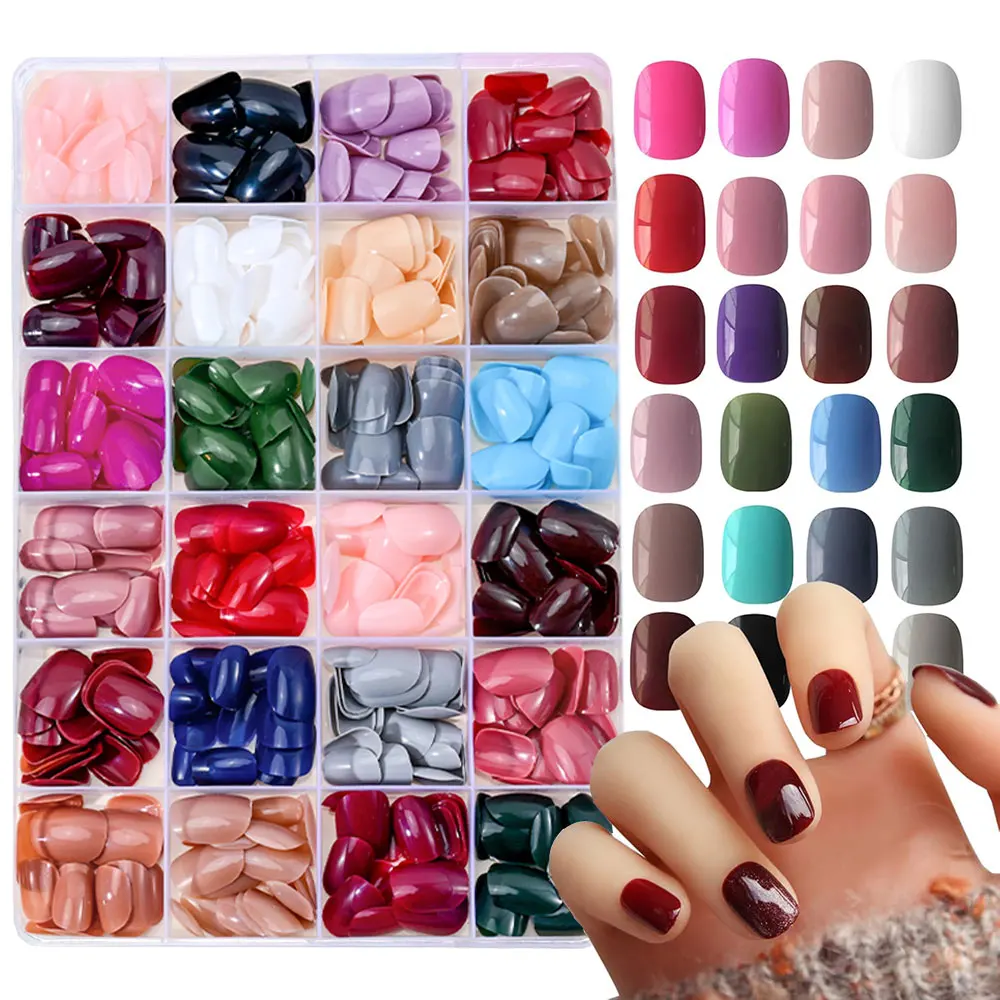 576pcs Short Round Square Fake Nails Glossy 24 Solid Colors Press on Nails Full Cover Artificial  Fingernail False Nail Tips #XS
