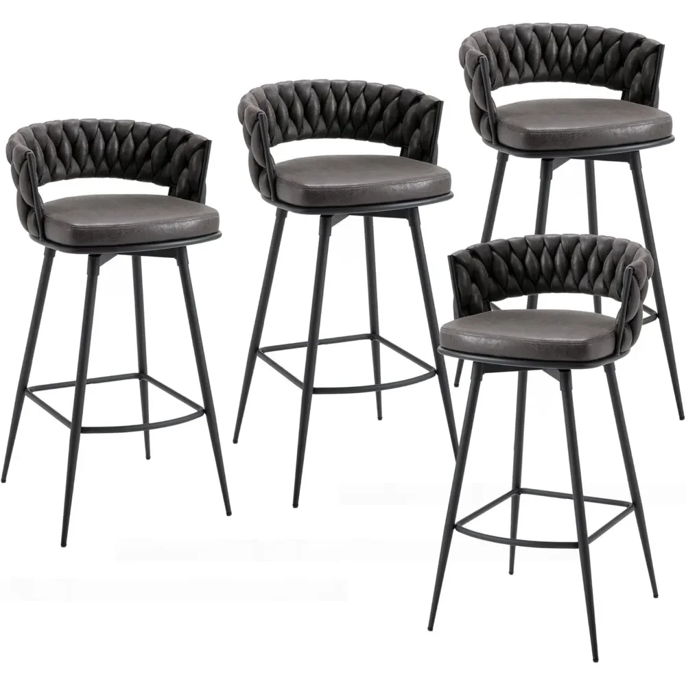 

Set of 4, 26 inch Seat Height Bar Stools, 180° Swivel Barstools with Woven Back and Footrest, Suede Fabric Counter Stools