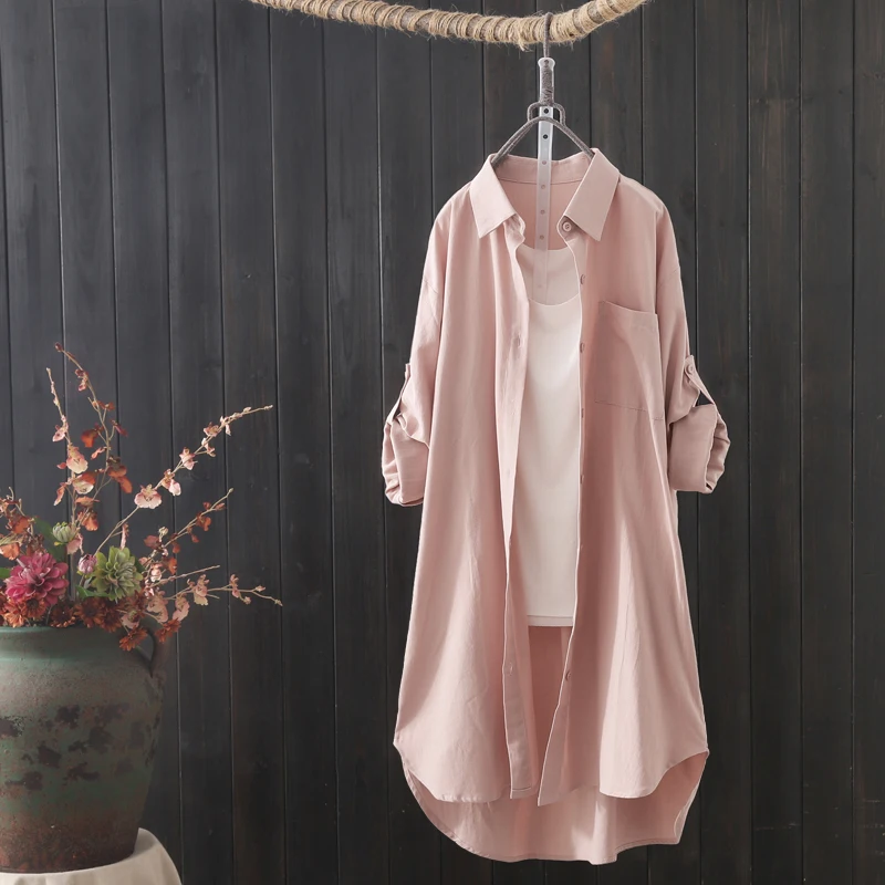 

Women's Cotton Linen Long Sve irt Spring Autumn Loose Mid-Length Design Sensation Small ence irt Coat Top