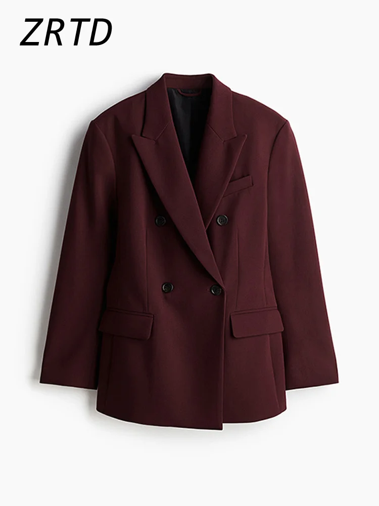 Blazers bordeaux vintage pour femmes, revers élégant, double boutonnage, poche, manches longues, veste trempée, vêtements d\'extérieur de bureau pour