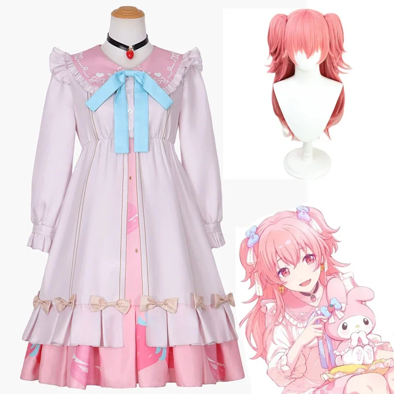 

Game Project Sekai Momoi Airi Cosplay Costume Wig Girls Pink Dress with Bow Halloween Carnival Night Women Men Role Party Suit