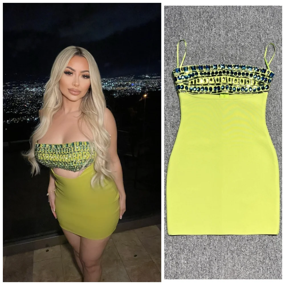 Women 2025 Sexy Green Strapless Cut-Out Bodycon Bandage Mini Dress with Embellished Bodice Luxury Birthday Party Gown