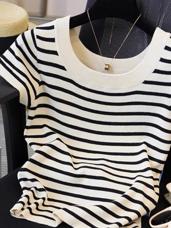 

Outlet Женская футболка Bla White Stripes Ice Silk ort Sve Летний топ Sweet Sle Трикотажная летняя одежда стандартного кроя V-Ne