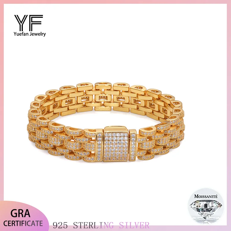 

S925 Серебряные новые часы с браслетом Муассанит шириной 16 мм в стиле хип-хоп, крутой стиль OG, рэп-певец, индивидуальный браслет на западном побережье