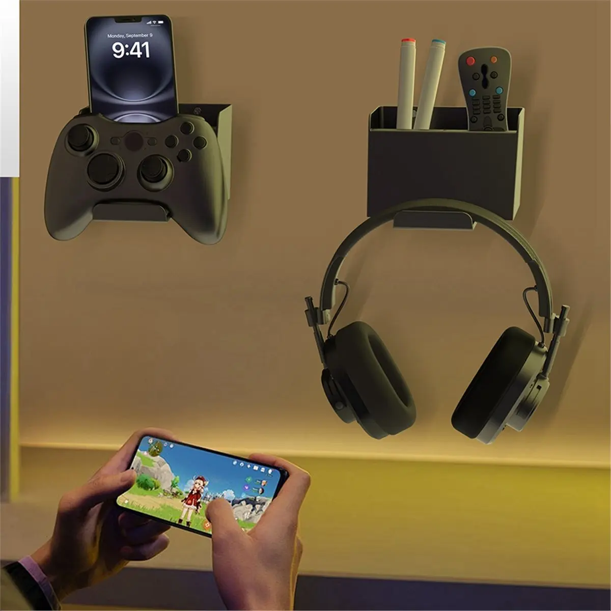 11·11COUPON Universal Controller Holder Wall Mount 2 Pack, Headphone Hanger with Storage Box for , , , Switch, Remote