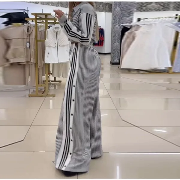 Retro Shirt Two-piece Set for Woman Geometric Print Loose Spring 2025 New Long Sleeves Top + Pleated Wide-leg Pants Fashion Suit