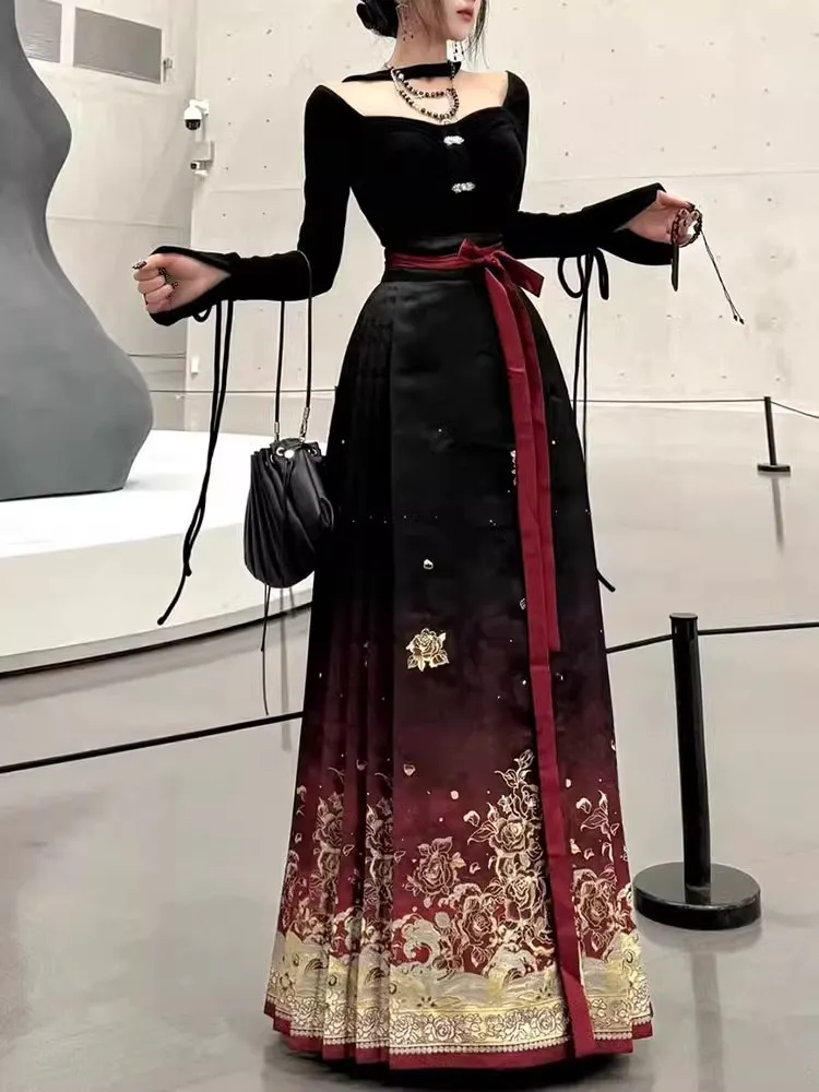 

Весенняя новая китайская юбка Hanfu, женская длинная юбка, национальная тканая золотая юбка Hanfu с высокой талией, трапециевидной формы