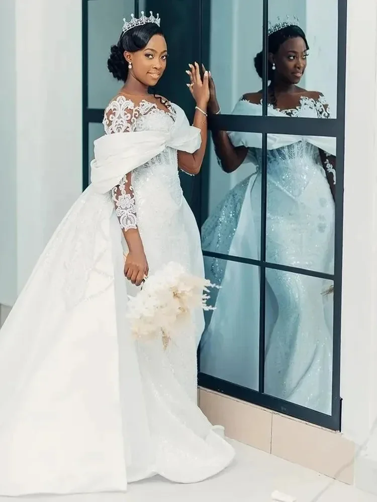 

Индивидуальное свадебное платье с блестящими аппликациями и бисером, со съемной юбкой, в стиле русалка, с длинными рукавами, скромное, для невесты