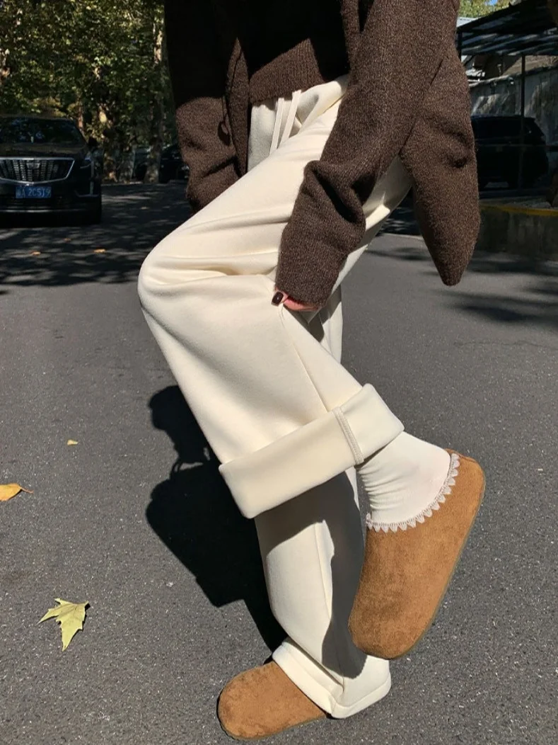 Women's High Waist Wide Leg Pants Winter New Sle Thiened Knitted Fce Lined Drapey Casual Pants Floor Length Trousers