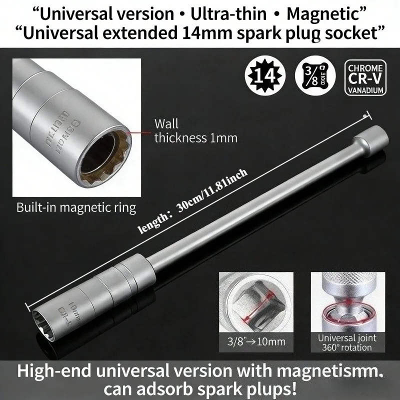 14mm Universal-Gelenksteckschlüssel für Zündkerzen, Ultra-Dünner Magnetischer Zündkerzenschlüssel, Extra Langes Ausbauwerkzeug
